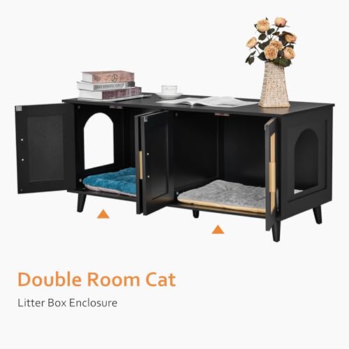 Homhedy Boho Cat Litter Box Enclosure for 2 Cats with Rattan Doors, Natural U829