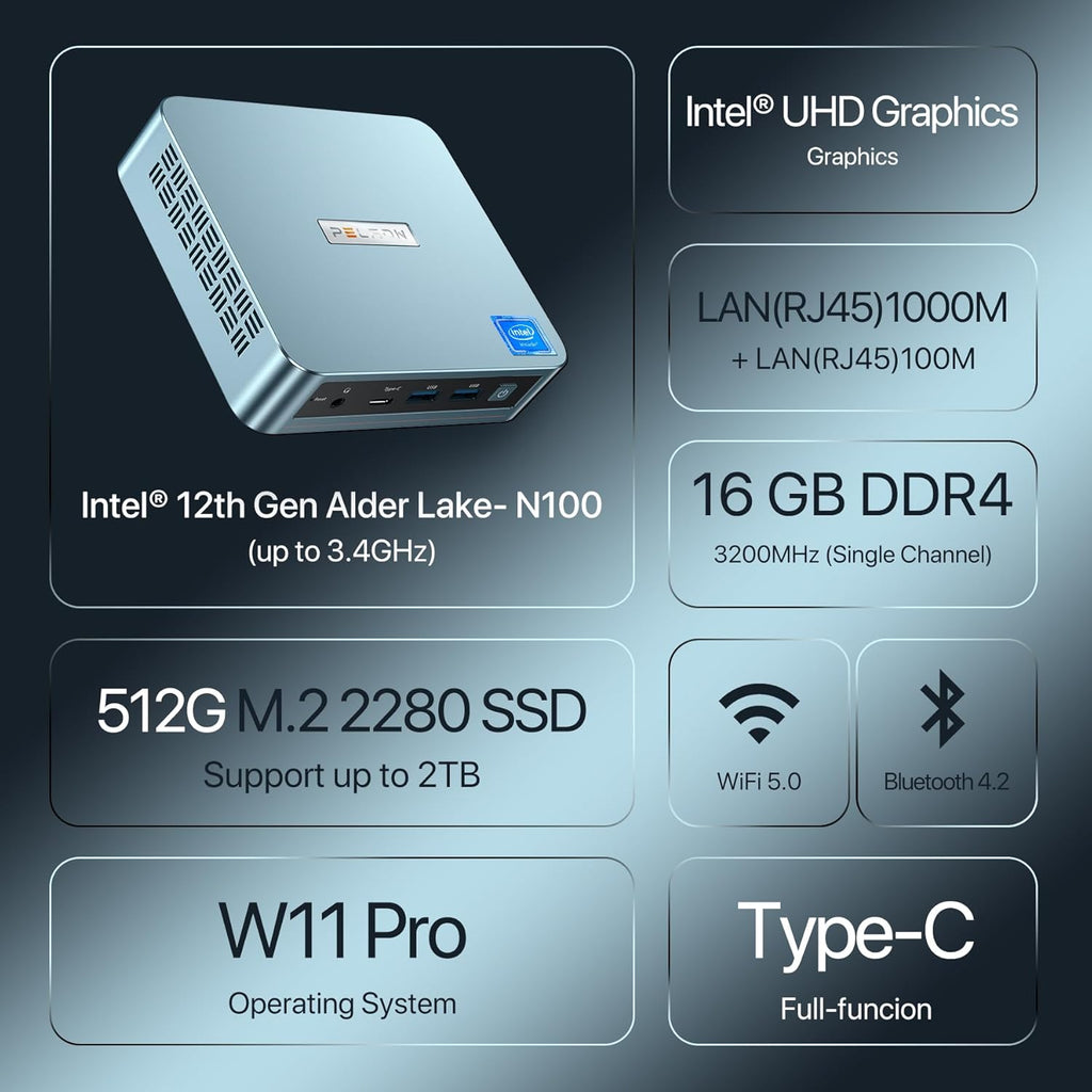 PELADN WI-6 Mini PC, Intel N100, 16GB RAM 512GB SSD, 4K Dual Display G438259