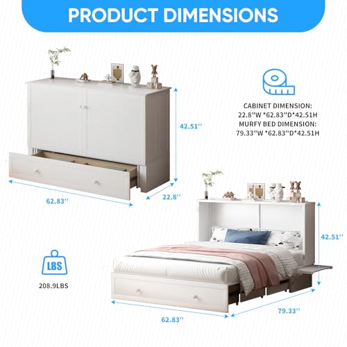 PUREMIND Murphy Bed Cabinet with Mattress, Queen Wallbed with 2 Storage Drawers and USB Charging G406357