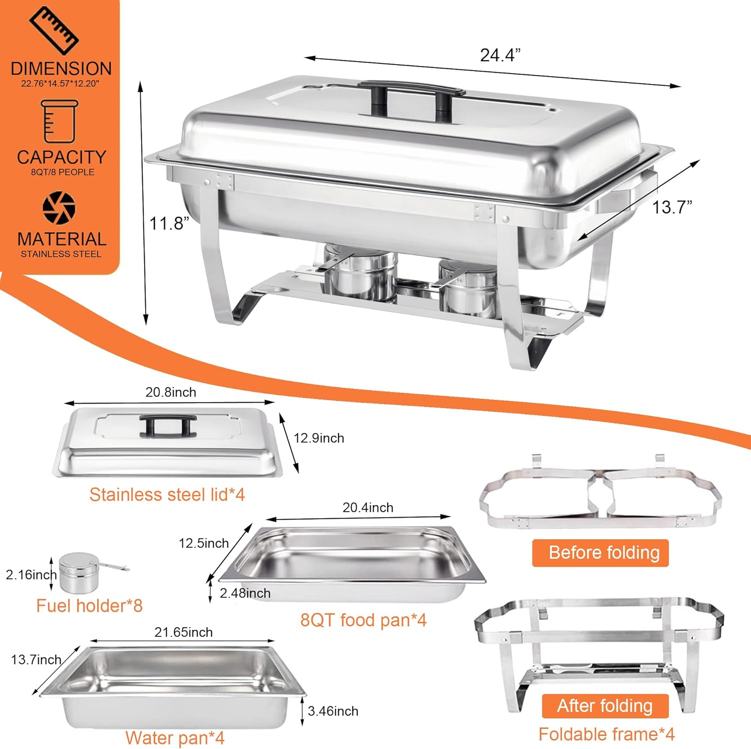 Chafing Dish Buffet Set 4 Pack - 8 Quart Stainless Steel Chafer with Folding Frame T909666