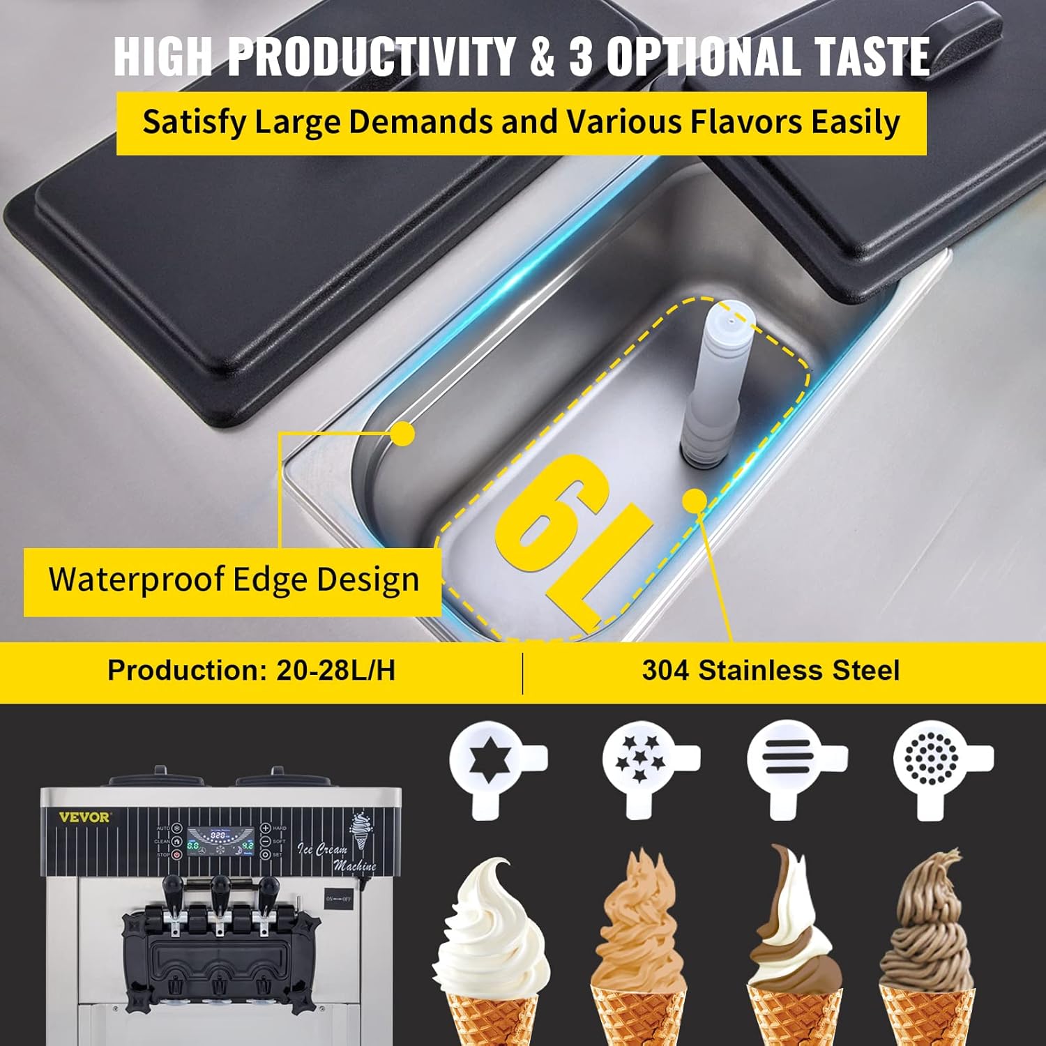 VEVOR Commercial Ice Cream Machine Soft Serve 3 Flavors with LED Display, 2200W O8478