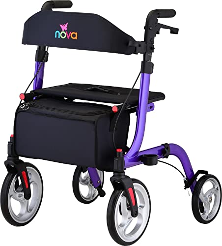 NOVA Medical Products Express Rollator Walker, Large 10” & 8” Wheels, Compact Foldable & Free Standing, Easy to Fold, Lift & Carry, Comes with Cane Holder, Red