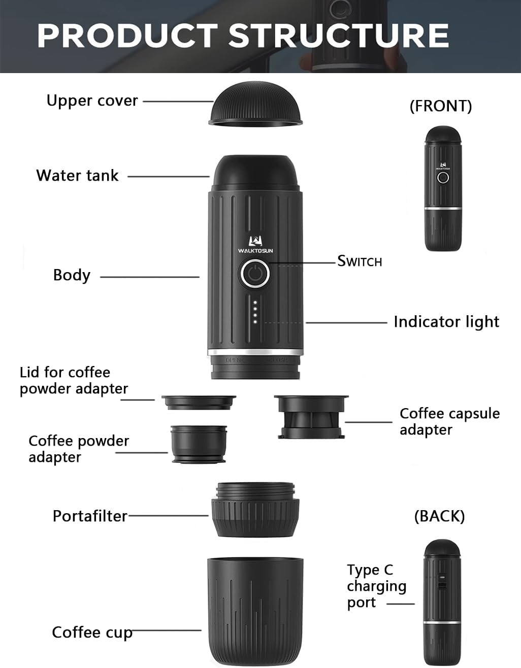 Portable Electric Espresso Maker 19 Bar Pressure for Travel Camping RV Black H723