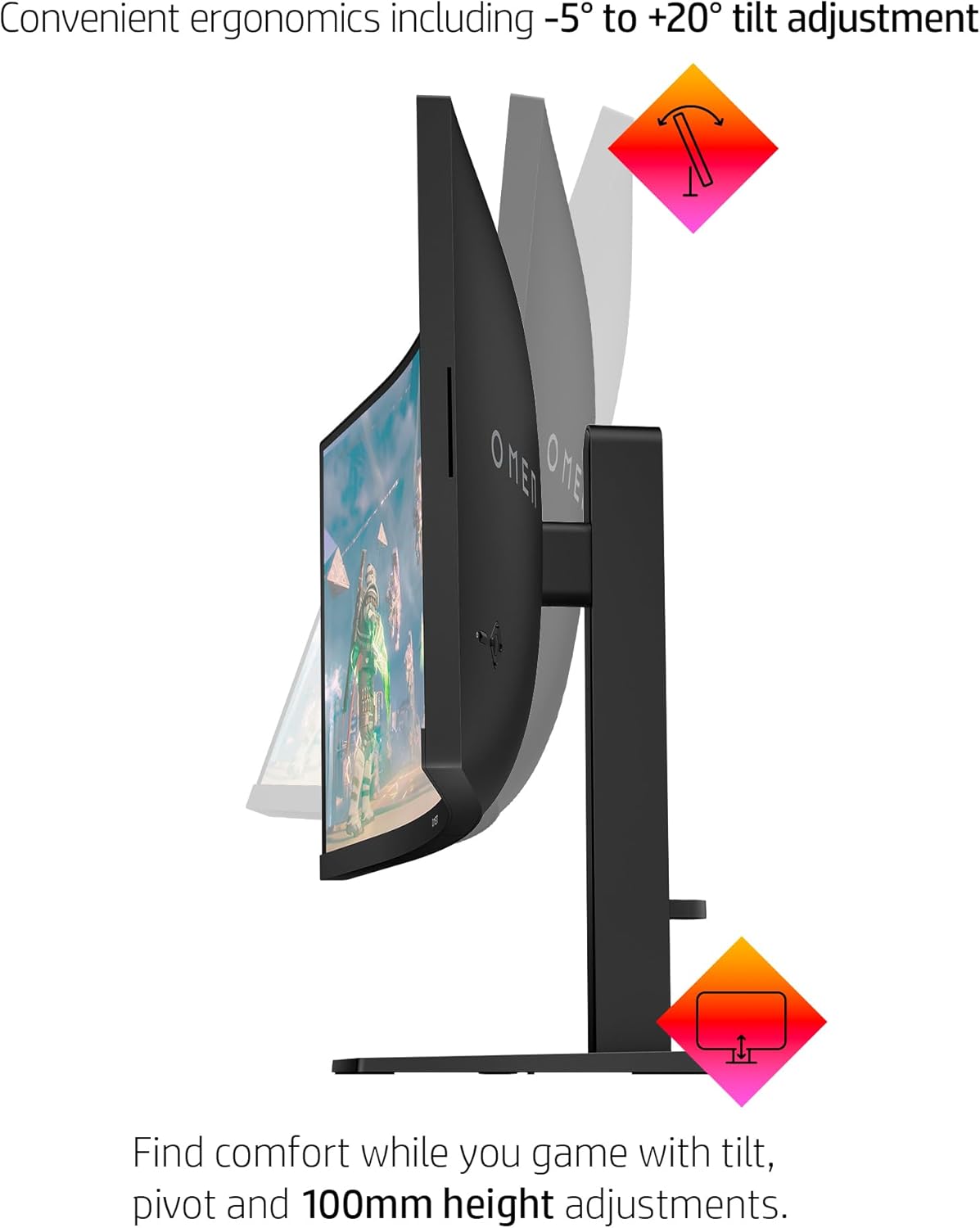 HP OMEN 34c QHD 165Hz Curved Gaming Monitor, 3440 x 1440, VA Panel, 21:9, Black H232