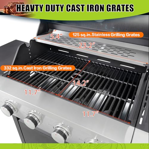 4 Burner Gas Grill with Side Burner, Stainless Steel Propane BBQ U7093
