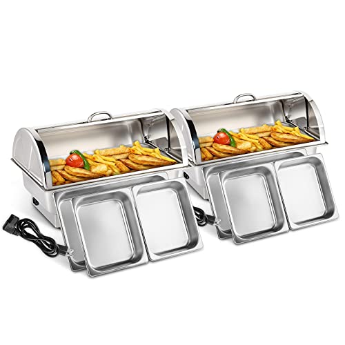 ROVSUN Electric 9 QT Stainless Steel Chafing Dish Buffet Set,Roll Top Chafer, Food Warmer with Full Size & 2 Detachable Food Pans for Party Wedding Catering Banquet Graduation