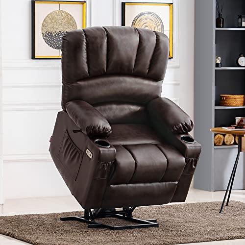 MCombo Oversized Power Lift Recliner Chair for Elderly with Heat and Massage, Faux Leather, Dark Brown N537