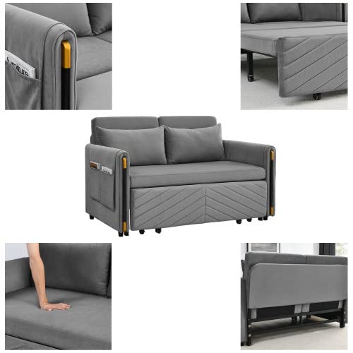54" Modern Velvet Convertible Sofa Bed with 2 Pillows, Gray O946039