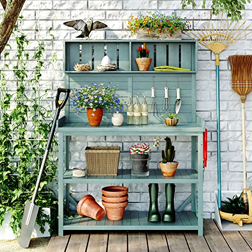 Outdoor Wooden Potting Bench Table with Drawers and Storage Shelves C672480