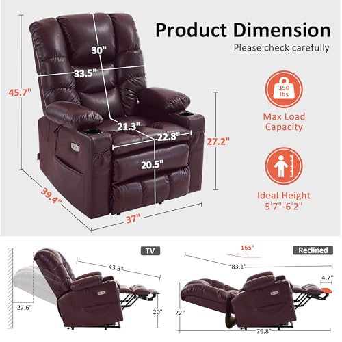 MCombo Large Triple Motor Power Lift Recliner Chair with Massage and Dual Heating, Faux Leather, Dark Brown X979