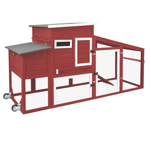 78" Wooden Chicken Coop with Nesting Wheels,Outdoor Mobile Hen House Poultry Pet House with Wheels,Removable Tray,UV Proof Asphalt Roof,Ramp Run for Backyard Garden(White/Red)
