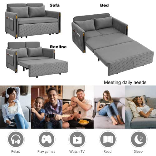 54" Modern Velvet Convertible Sofa Bed with 2 Pillows, Gray O946039