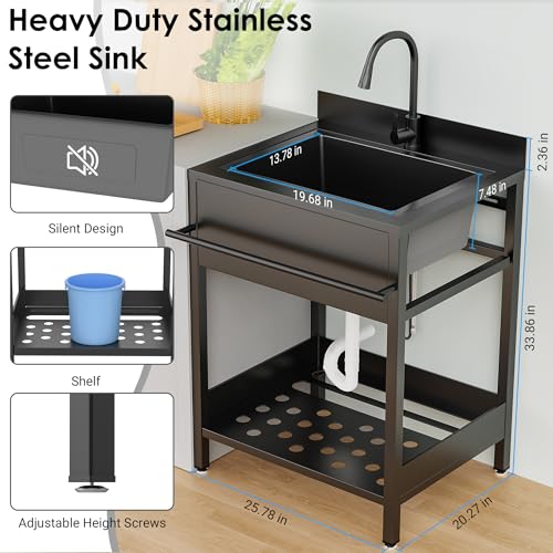 26 Inch Utility Sink, 304 Stainless Steel Free Standing with Pull-out Faucet B946