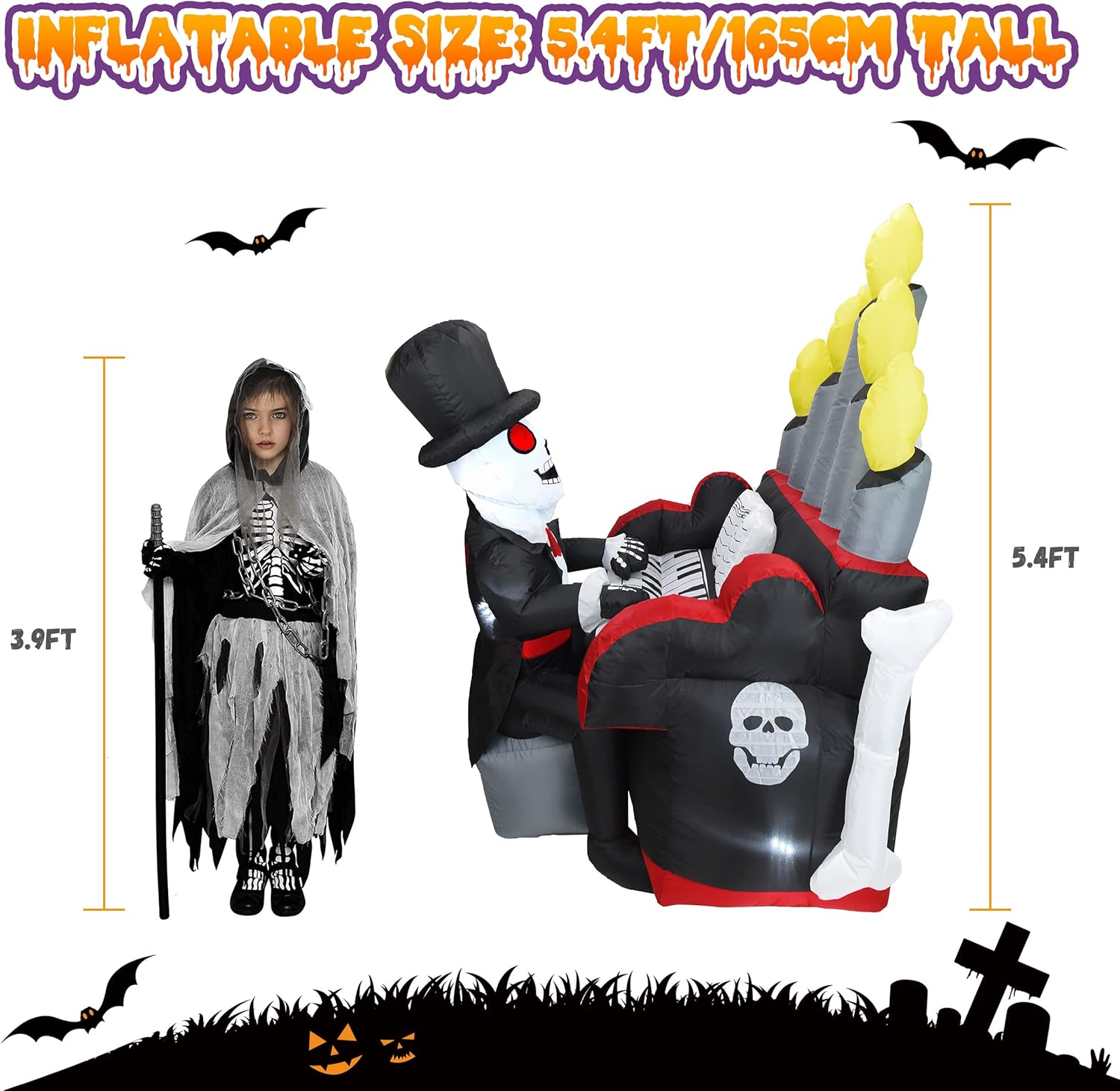 DearSun 5.4FT Halloween Inflatable Skeleton Playing Piano with LED Lights and Bluetooth Speaker F76810