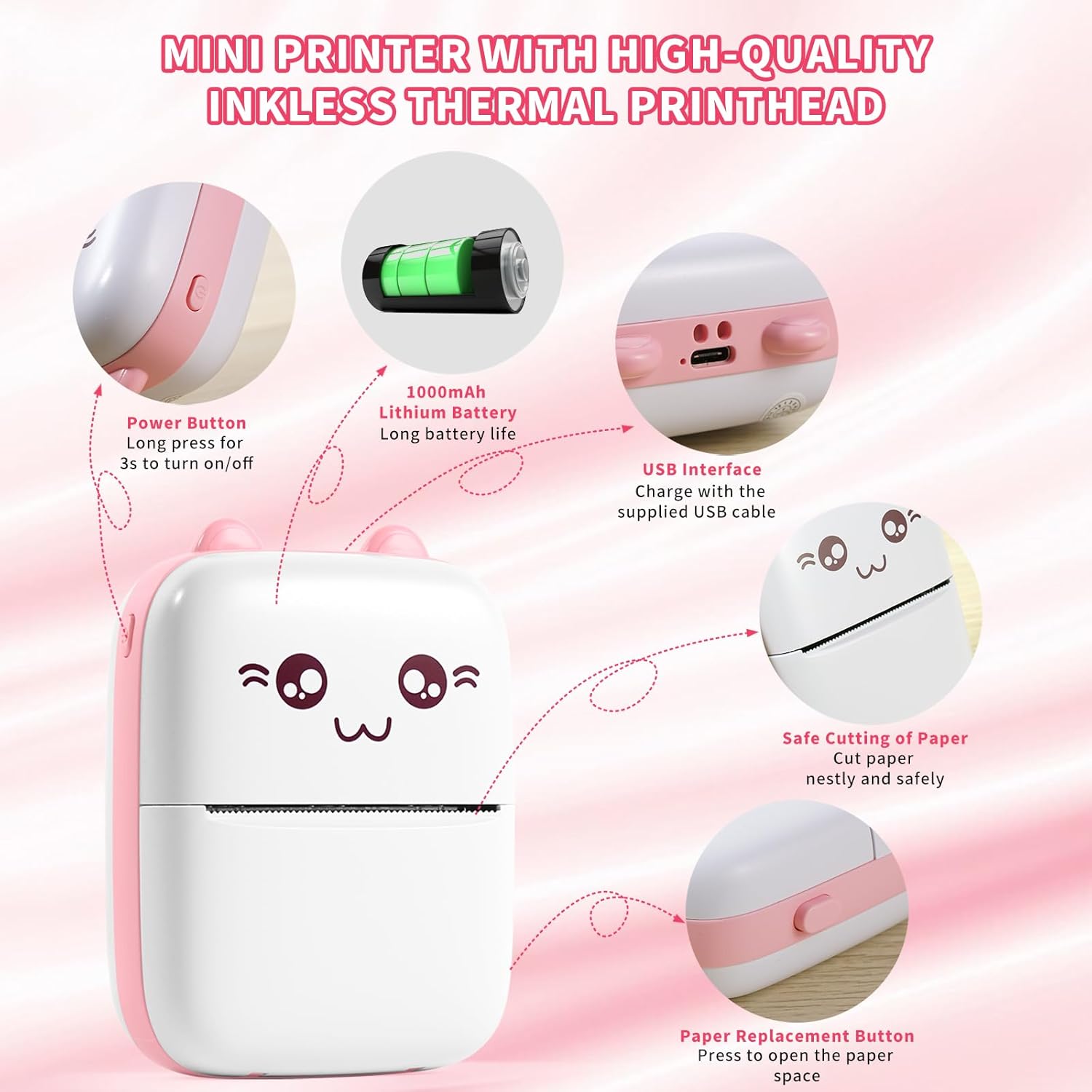 Mini Portable Printer with 7 Rolls Paper, Bluetooth Wireless for Smartphone P54171