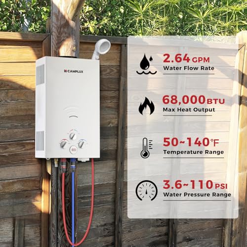 CAMPLUX 2.64 GPM Propane Portable Gas Water Heater, 68,000 BTU, White Y83276