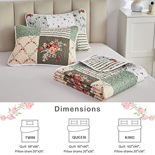 Patchwork Quilt Set Full/Queen, 3 Pieces Green Floral Plaid Microfiber Bedspread P67042