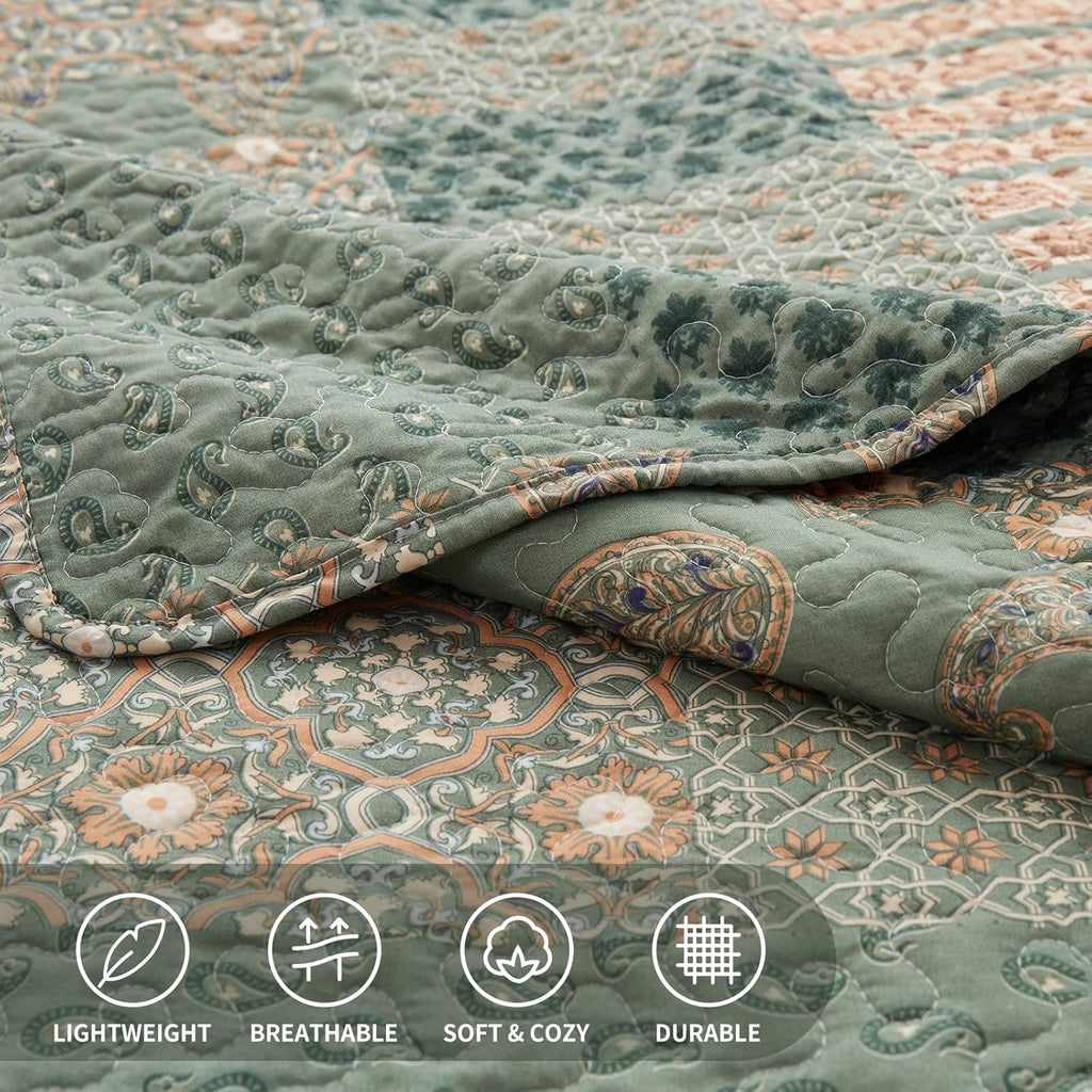 LEAONME Quilt Set Full/Queen Floral Paisley Olive Green with 2 Pillow Shams X85767