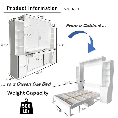 Queen Size Murphy Bed with Desk & Charging Station, White K505073