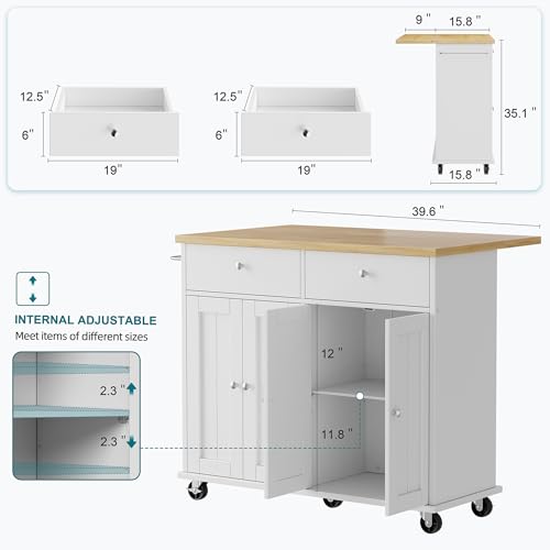 Shintenchi Kitchen Island with Drop Leaf, Rolling Cart with Storage, White T972