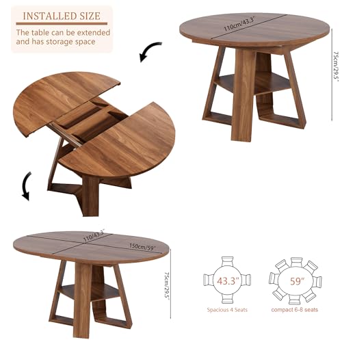 Extendable Round Dining Table for 4-8 with Removable Leaves, Wood Base, Walnut V742