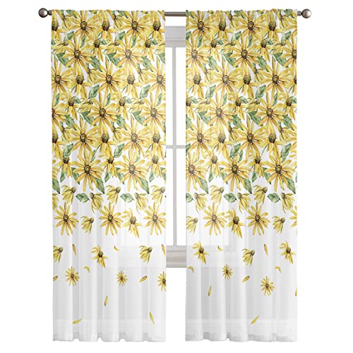 Spring Floral Sheer Curtains Yellow Flowers Rod Pocket Voile Window Panels Set of 2, 52 x 54 inch V46628