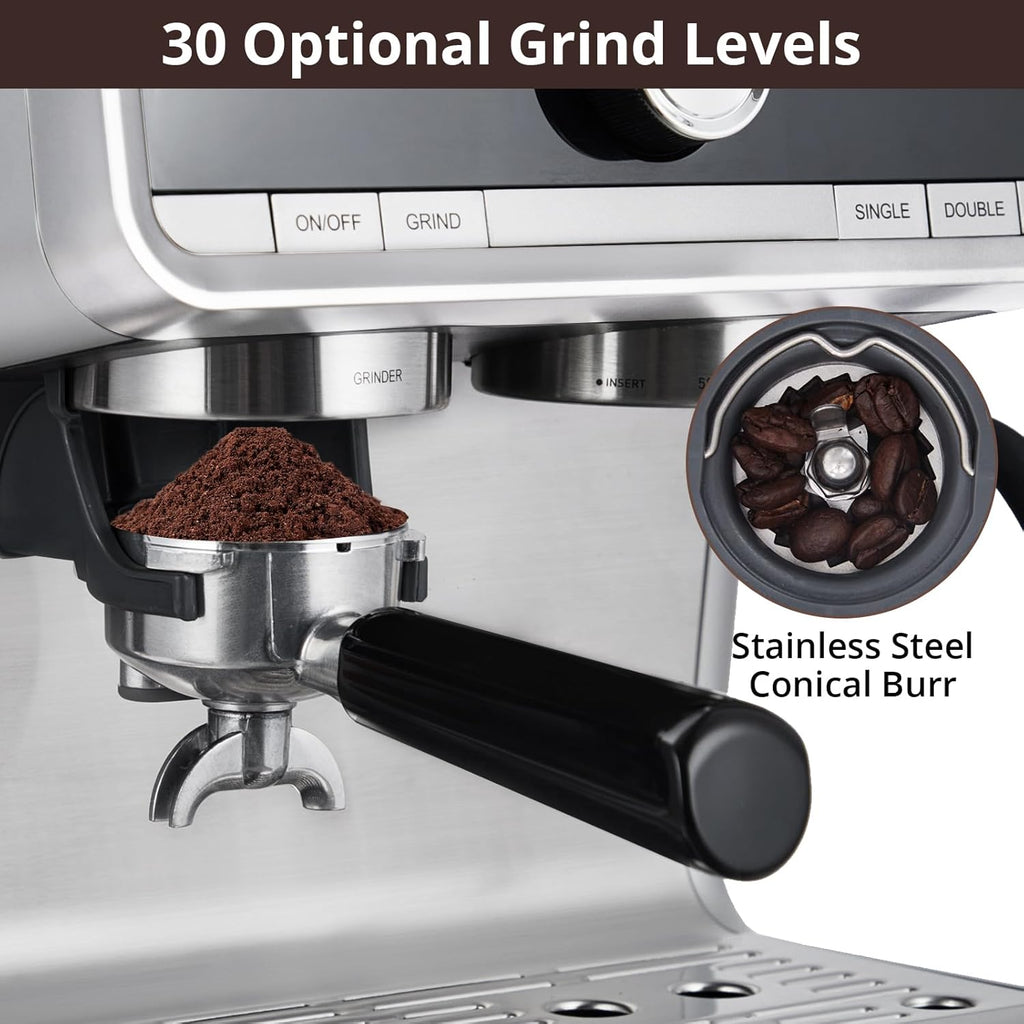 Espresso Machine with 20 Bar, Brushed Stainless Steel, Milk Frother Steam Wand M922965