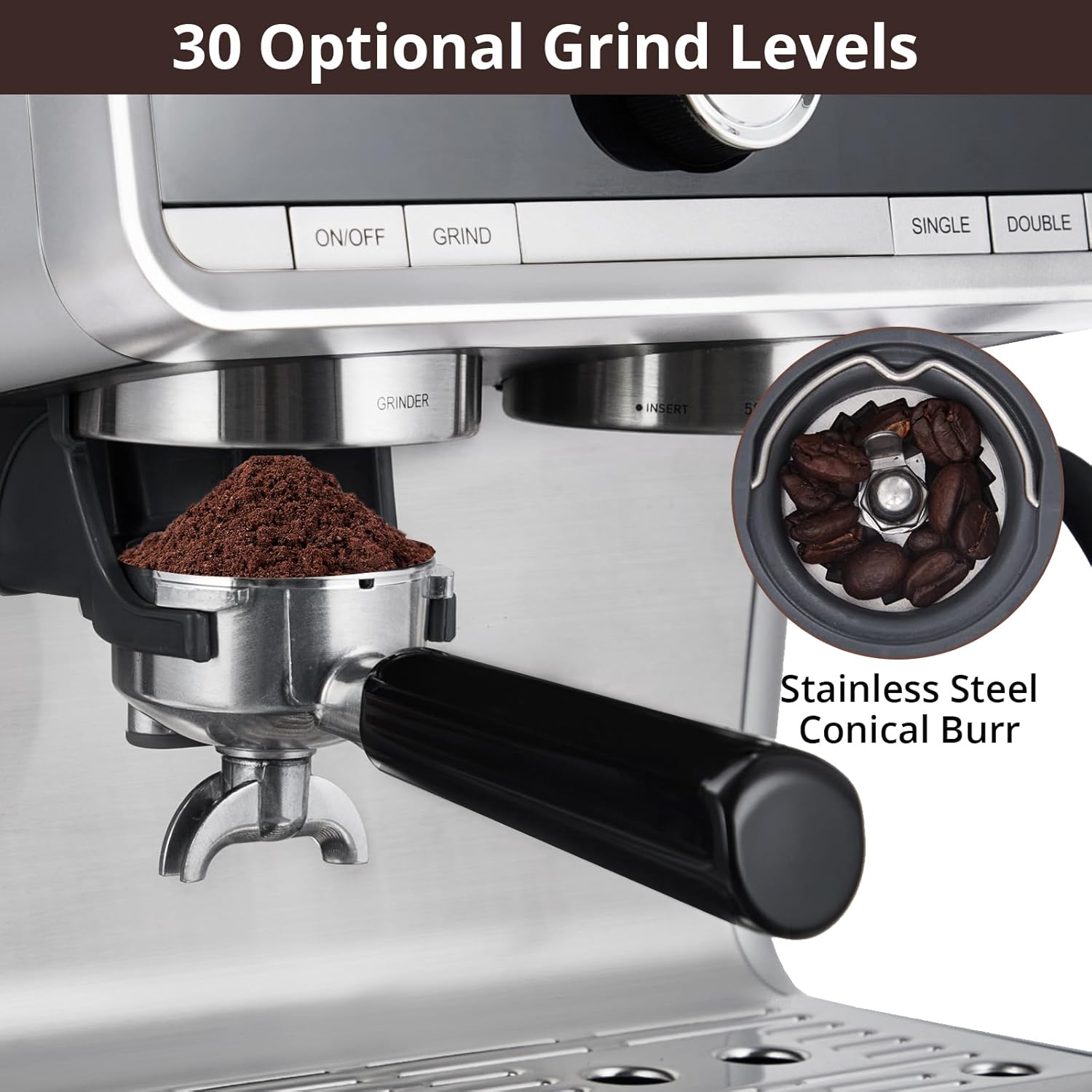 Espresso Machine with 20 Bar, Brushed Stainless Steel, Milk Frother Steam Wand M922965