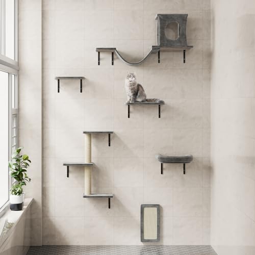 NUNU LAB Wall Mounted Cat Furniture, 7 Pcs Cat Wall Shelves with House, Gray T582052
