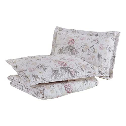 Laura Ashley King Quilt Set, Reversible Cotton Bedding with Shams, Floral Pink/Grey C4868