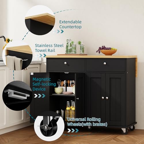 Shintenchi Kitchen Island with Drop Leaf, Rolling Cart with Storage, White T972