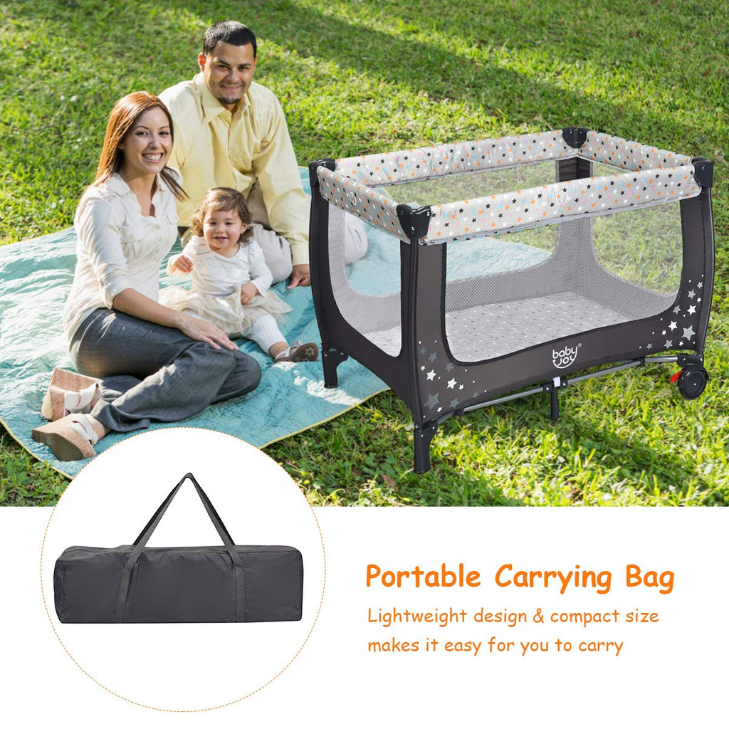 HONEY JOY Pack and Play, Foldable Baby Playard with Bassinet, Gray D272491