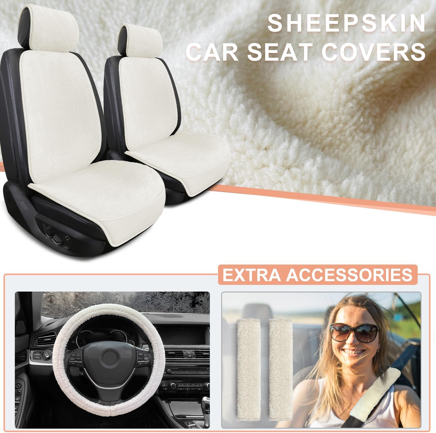 2 Pack Short Plush Sheepskin Car Front Seat Cover Set with Steering Wheel Cover and Seat Belt Pad, White L102223