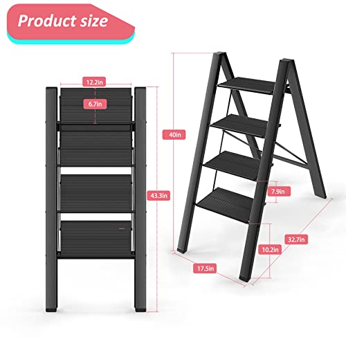 4 Step Aluminium Folding Ladder with Anti-Slip Pedal, 330 Lbs Capacity, Black Y538