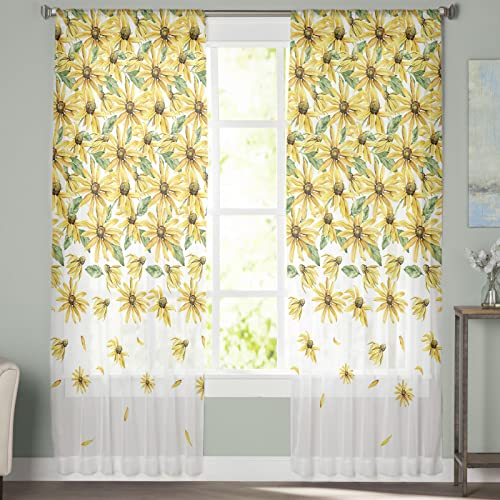Spring Floral Sheer Curtains Yellow Flowers Rod Pocket Voile Window Panels Set of 2, 52 x 54 inch V46628