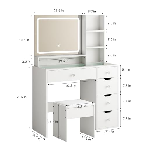 White Vanity Desk with Mirror and LED Lights, 5 Drawers, Stool V4838