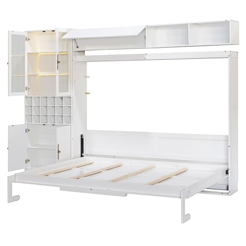 MERITLINE Queen Murphy Bed with Couch and Storage Shelves, LED Light, White J578