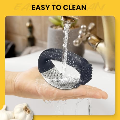 Stainless Steel Garlic Press Rocker with Peeler and Cleaning Brush, Black S334