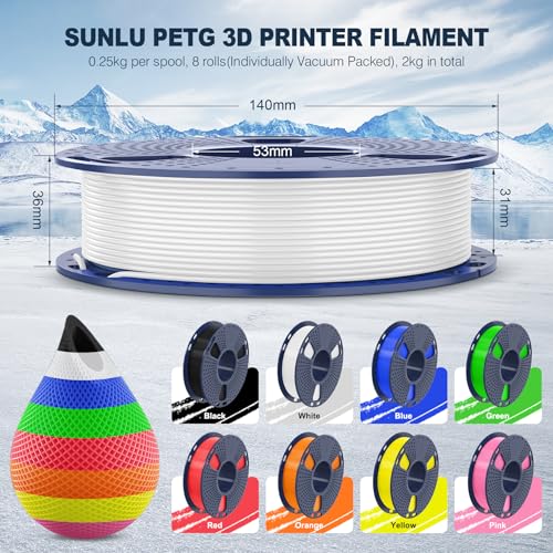 SUNLU 3D Printer Filament Bundle Multicolor PETG 1.75mm, 8 Pack, 2kg Total V41641