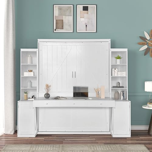 Queen Size Murphy Bed with Desk & Charging Station, White K505073