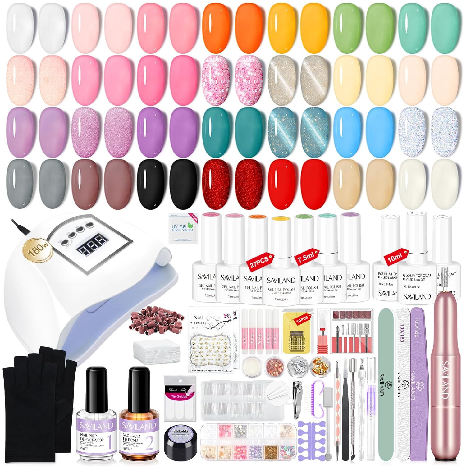 Saviland Gel Nail Polish Kit with U V Light: 27+3 Colors Nail Gel Polish Soak-Off U V Gel 180W Nail Lamp Base & Top Gel Electric Nail Drill Basic Nail Art Tools Manicure Kit for Nail Salon Home DIY