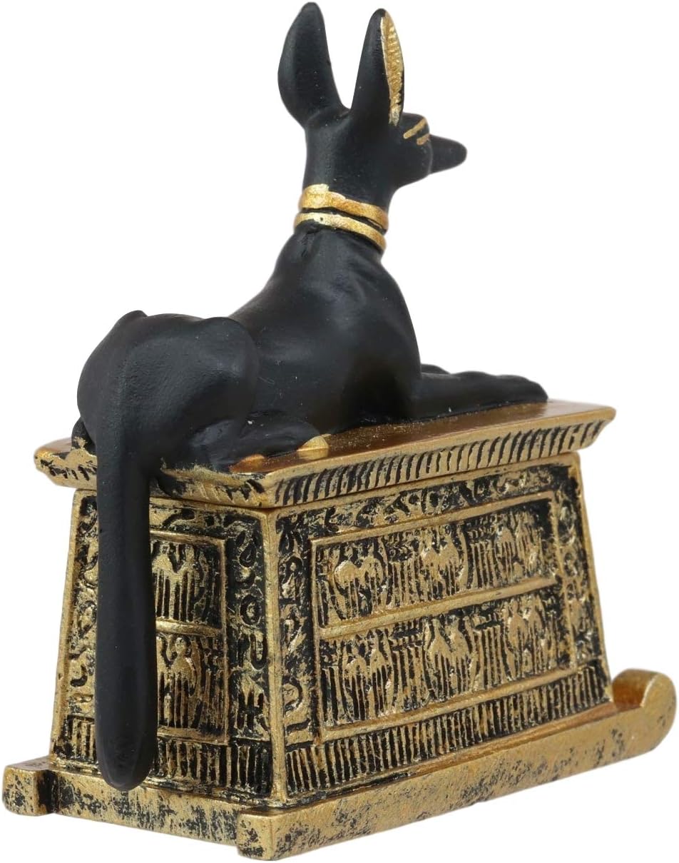 Ebros Egyptian Anubis Hieroglyphic Cartouche Box Figurine Black and Gold Finish F567