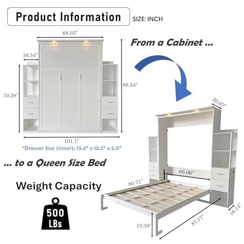Queen Size Murphy Bed with Desk & Charging Station, White K505073