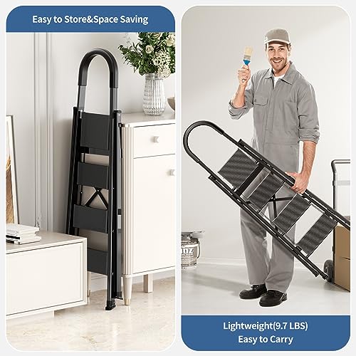 4 Step Ladder with Handgrip, Folding Aluminum Step Stool, 330lbs Capacity, Black R71948