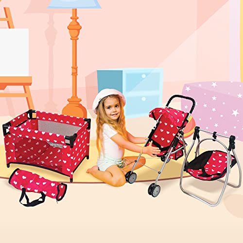 Deluxe Baby Doll Stroller with Crib Furniture Playset for 18" Dolls - Pink B688