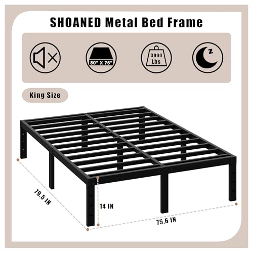 Full Metal Bed Frame 14 Inch Tall Heavy Duty Black Steel Slats Platform J736200