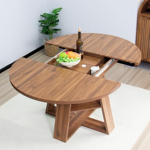 Extendable Round Dining Table for 4-8 with Removable Leaves, Wood Base, Walnut V742