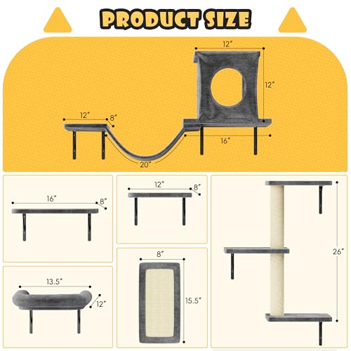 NUNU LAB Wall Mounted Cat Furniture, 7 Pcs Cat Wall Shelves with House, Gray T582052