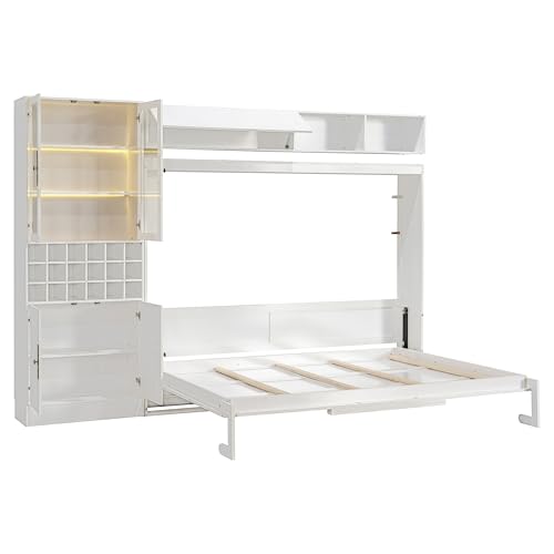 MERITLINE Queen Murphy Bed with Couch and Storage Shelves, LED Light, White J578