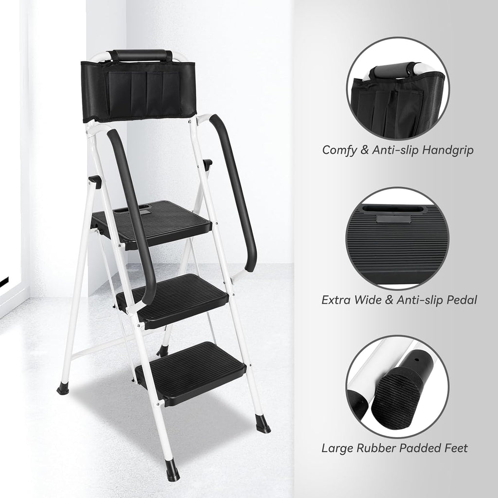 3 Step Ladder with Handrails, Attachable Tool Bag, 500 lbs Capacity, White X59037